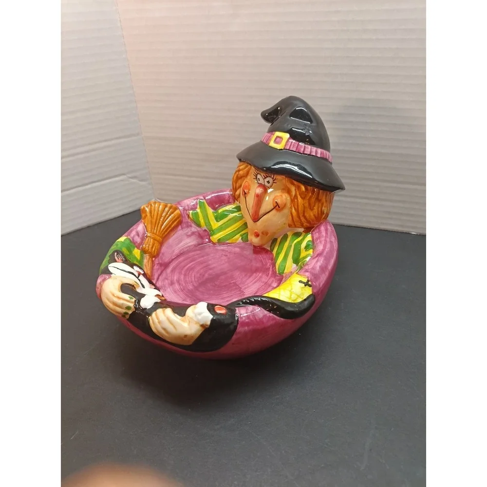 Vtg WCL Halloween Ceramic Witch Broom Black Cat Candy Bowl